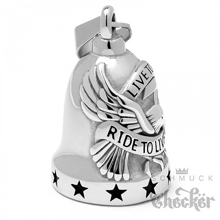 Glücksglocke - Live to Ride Biker-Bell mit Adler silber poliert