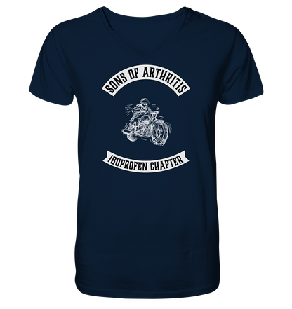 Sons of Arthritis Motiv mit stilisiertem Biker - V-Neck Shirt. Motiv Vorderseite.