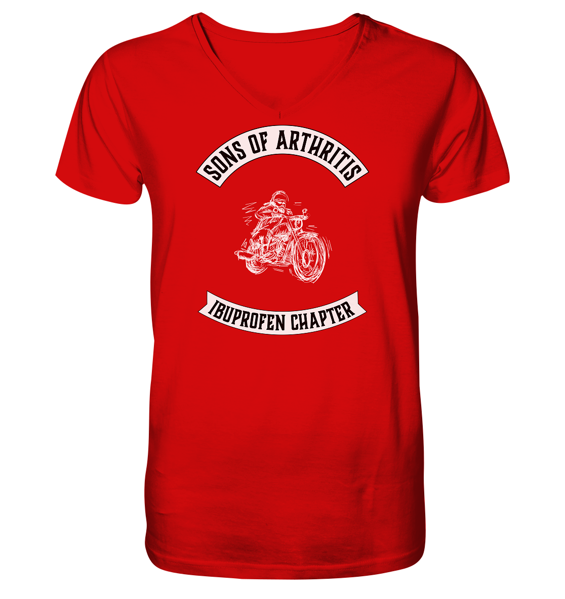Sons of Arthritis Motiv mit stilisiertem Biker - V-Neck Shirt. Motiv Vorderseite.