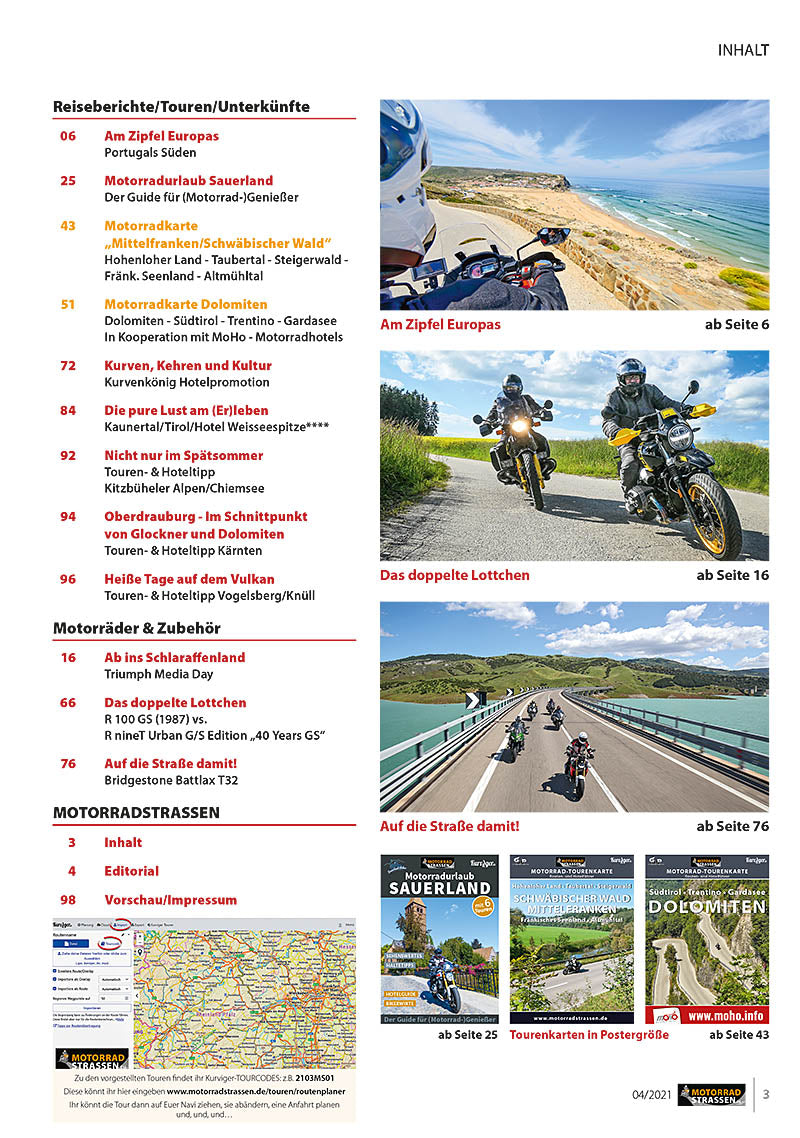Motorradstrassen/Motorradfreizeit Ausgabe 04-2021 mit 2 Tourenkarten - Sonderpreis